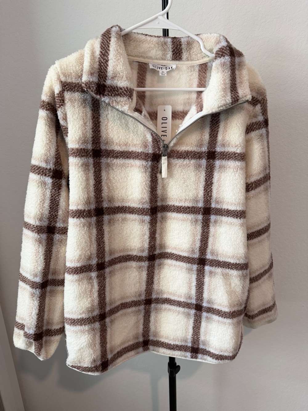 🌿 Olive & Oak Cream and Brown Plaid Sherpa Half-Zip Pullover